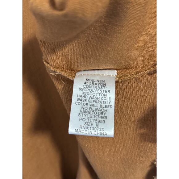 Umgee camel plaid linen top with unfinished frayed hem, front & back size medium - Picture 11 of 11